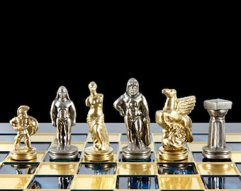 Spartan warriors Schachset - Gold und Silber Pawns - Blaues Schachbrett - Handgemacht in Griechenland