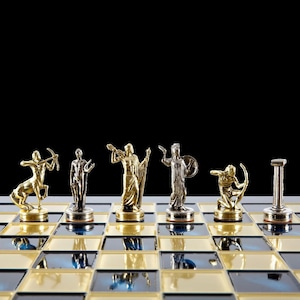 Labors of Hercules Chess Set - Gold and Silver Pawns - Blue Brass Board - Handmade in Greece