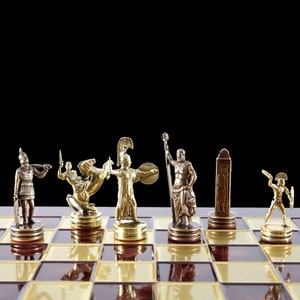 Mythology Chess Set - Brass and Copper Pawns - Red chess Board - Handmade in Greece
