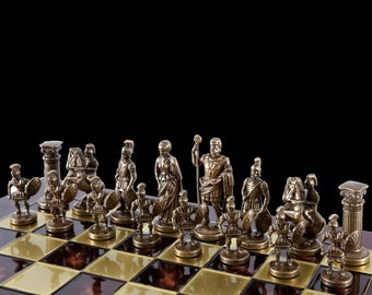 Greek Roman Period Large Chess Set - Gold and Copper Pawns - Red chess Board