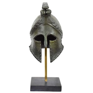 Corinthian pure bronze helmet with snakes - Marble base - Hoplite soldier infantry