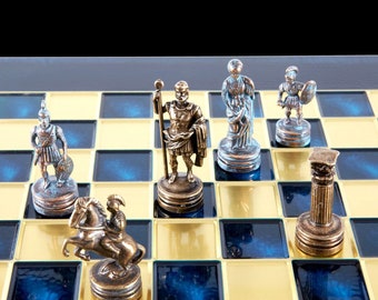 Greek Roman Period Chess Set - Blue and Copper Pawns - Blue Board