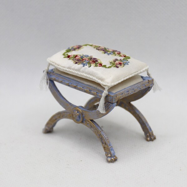 Hand Embroidered Wedgewood Blue and Gold 1/12th Scale Dolls House 18th century Curule Pliant Stool