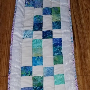 Quilted Runner - Bright Sea and Floral - Reversible -boho - patchwork - one of a kind