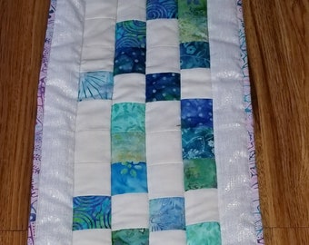 Quilted Runner - Bright Sea and Floral - Reversible -boho - patchwork - one of a kind