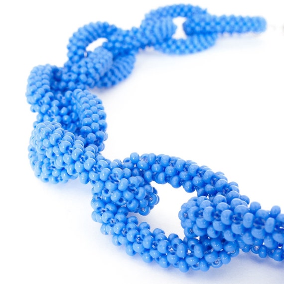 Blue Bead Chain Necklace Seed Bead Jewelry Hand Woven Unique Etsy