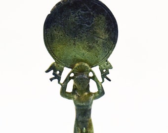 Ancient Greek Bronze Mirror with a Marble Base and a Support in the Form of a Young Man,Kouros and two Cupids Museum Copy Bronze Sculpture