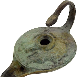 Bronze Oil Lamp Decorated with Bull and Handle like a Snake made with Lost wax Method Coffee Table Decoration Home Decor Ancient Greek Art