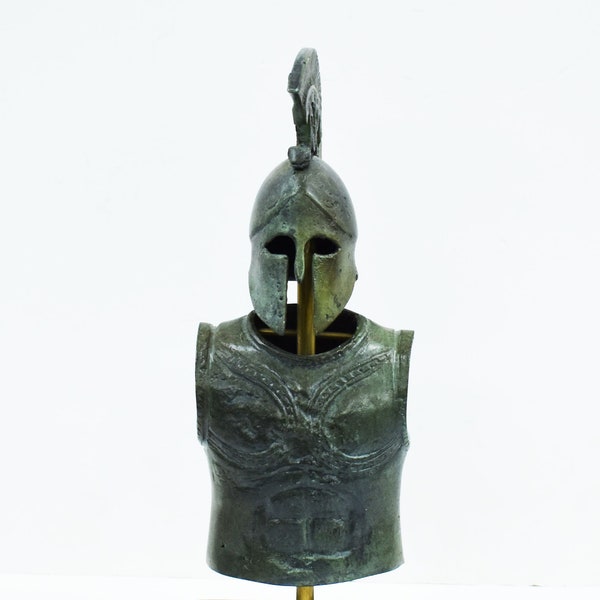 Ensemble de casque à crête et armure de la Grèce antique - Soldat corinthien hoplite spartiate - Bronze pur avec base en marbre - Réplique petite taille