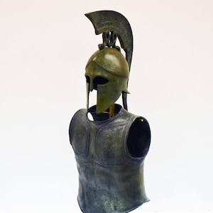 Set of Ancient Greek Helmet and Armor-Spartan Corinthian-Hoplite Soldier-Pure Bronze with Marble Base-Small Size Replica