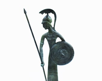 Déesse Athéna casquée avec lance et bouclier-Statue en bronze-symbole de la sagesse, de l'artisanat, de la guerre et de la stratégie-Religion de la Grèce antique