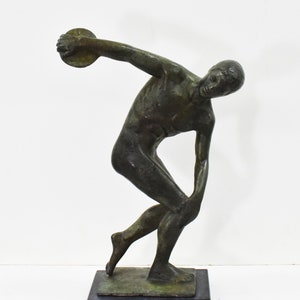 Discobolus of Myron-Discus Thrower-Bronze Statue-Marble Base-Olympic Games-Young Male Athlete Launching his Disc-Ancient Greek Art