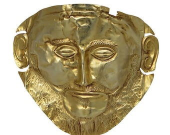 Mask of Agamemnon- Funeral Mask of the Mycenaean Κing-National Archaeological Museum of Athens-Gold Plated Relief- Replica-Marble base