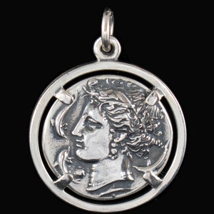 Artemis Arethousa Large Silver Pendant - Syracuse Coin - Persephone - Charioteer and Winged Nike - Ancient Greece - Arethousa Coin Jewelry