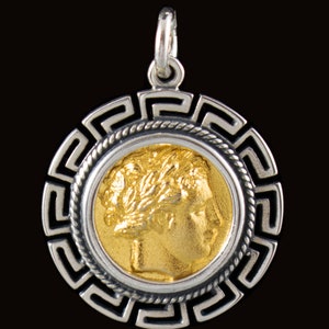 Stater Coin of King Philip II of Macedon Handmade Gold Plated Silver Pendant in a Meander Frame-Apollo God of Light,Music,Healing-Charioteer