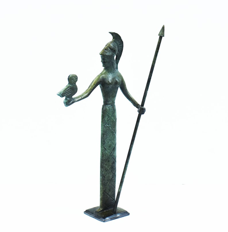 Déesse Athéna casquée avec sa chouette et une lance Statue en bronze Symbole de sagesse, d'artisanat, de guerre et de stratégie Grèce antique image 2