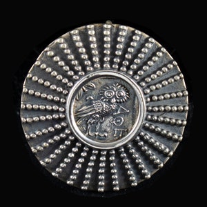 Eule der Weisheit Handgefertigte Silber Vielseitige Juwel-Brosche/Anhänger mit Dekorativer Bordüre-Athen Tetradrachme-Antikes Griechenland