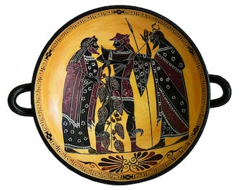 Dionysus God of Wine Festivity Fertility & Theatre - Hermes Divine Messenger Psychopomp - Black Figure small Kylix - Ancient Greek Mythology