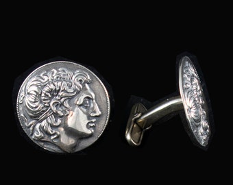 Alexander the Great Silver Cufflinks-Replica of Ancient Greek  Tetradrachm-Lysimachos Coin-Macedonia-Vergina