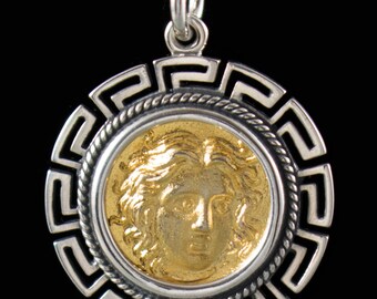 Rhodian Tetradrachm in Meander Frame-Gold Plated Silver Pendant like Ancient Greek Coin-Sun God Helios- Flower Rhodon Rose-Rhodes Helius