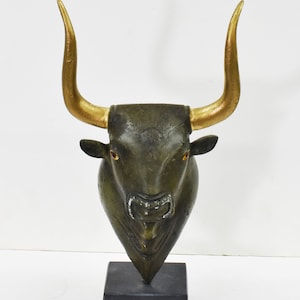 Bronze Minoan Bull&#39;s Head-Symbol of Power,Strength,Prosperity-Palace of Knossos-Crete-Bronze Statue-Marble base-Ancient Greece