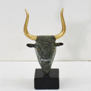 Minoan Bull&#39;s Head-Mini Bronze Statue-Symbol of Power,Strength,Prosperity-Palace of Knossos-Crete-Marble base-Ancient Greece