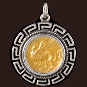 Pegasus and Goddess Athena Handcrafted Gold Plated Silver Pendant in a Meander Frame-Mythical Winged Horse-Corinthian Coin-Ancient Greece