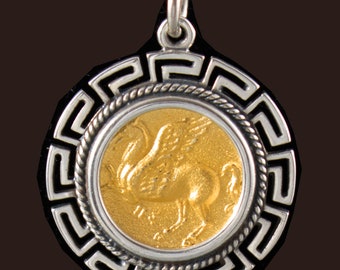 Pegasus and Goddess Athena Handcrafted Gold Plated Silver Pendant in a Meander Frame-Mythical Winged Horse-Corinthian Coin-Ancient Greece
