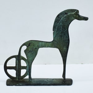 Carved Bronze Horse Figurine with Wheel, on a Base Symbol of Wealth ,Power,Pride, and Status Horse Bronze Statue Ancient Greek Style