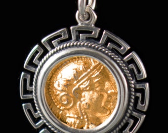 Athena Tetradrachm Gold Plated Silver Pendant in  Meander Frame-Goddess Athena-Owl Symbol of Wisdom and Intelligence-Ancient Greek Coin-Copy