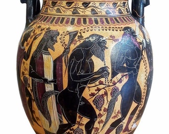 Dionysus Feast - Dionysos God of Wine Festivity Fertility&Theatre -Satyr Companion Black Figure Amphora Vase - Ancient Greece Museum Replica