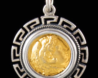 Alexander the Great ,Hercules-Gold Plated Silver Pendant in Meander Frame-Ancient Greek Coin-King of Macedonia-Amphipolis-Hellenistic Period