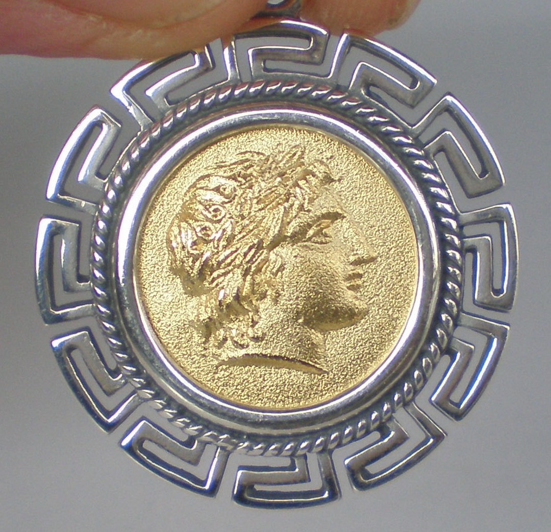 Apollo Silver Coin Pendant (gold Plated) With Meander Design - Olympian ...