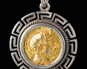 Athens Tetradrachm Gold Plated Silver Pendant Coin in a Meander Frame- Goddess Athena-Owl Symbol of Wisdom and Intelligence-Ancient Greece