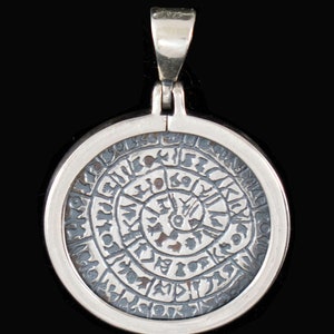Phaistos Disk in a Simple Frame, Handmade Silver Pendant-Minoan Bronze Age- Archaeological Museum of Heraklion-Crete-Ancient Greece