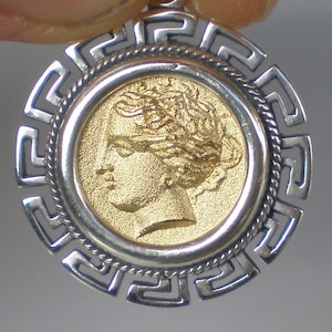 Aphrodite & Pegasus Mythical Horse Silver Coin Pendant (Gold Plated) - Venus Pendant - Greek Key Border - Ancient Coin Style Jewelry