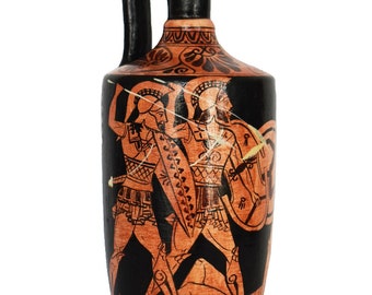 Red Figured small Lekythos Amphora Vase - Achilles and Menelaos vs Hector and Paris Trojan war Iliad Battle scene - Ancient Greek Mythology