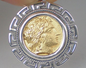Apollo Silbermünze Anhänger (vergoldet) - Meander - Olympischer Gott - antikes Griechenland