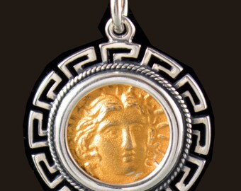 God of the Sun Helios ,Handcrafted  Gold Plated Silver Pendant in Meander Frame-Flower Rhodon Rose-Rhodian Tetradrachm-Ancient Greek Coin
