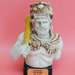 Legendary Hero Heracles Bust-Demigod Hercules Son of Zeus-Ancient Greek Mythology-Marble Base-Nemean Lion-Twelve Labors