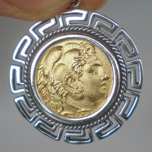 Alexander The Great Hercules Silver Coin Pendant (Gold Plated) - Macedonia King - Alexander the Great Jewelry - Greek Key Border