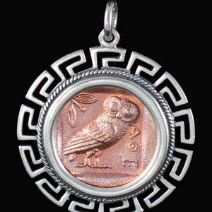 Owl of Wisdom and Intelligence  X-Large Coin Pendant in Rose Gold Plated Silver-Goddess Athena-AthenianTetradrachm-Copy-Ancient Greece