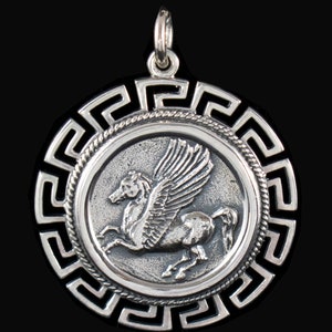 Mythical Winged Horse Pegasus X-Large Silver Coin Pendant with Meander Border-Helmetted Goddess Athena-Corinthian Stater-Ancient Greek Coin