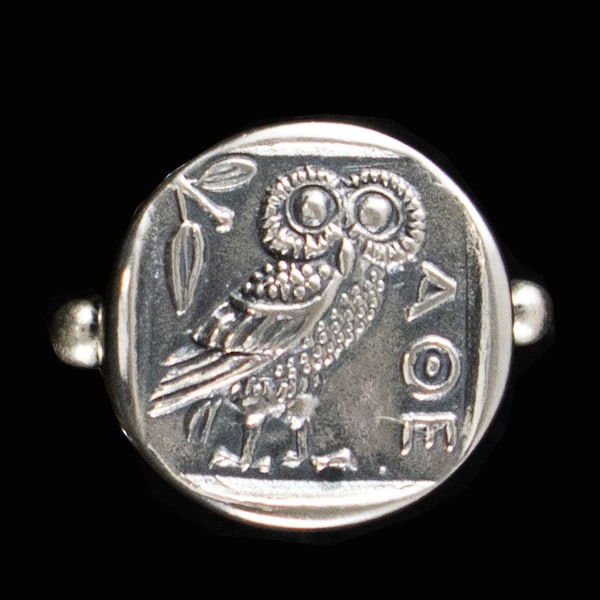 Bague athénienne hibou, fabriquée à la main en argent sterling 925-taille US 8 1/2-Oiseau sacré déesse Athéna-symbole de la sagesse et de la connaissance-Grèce antique