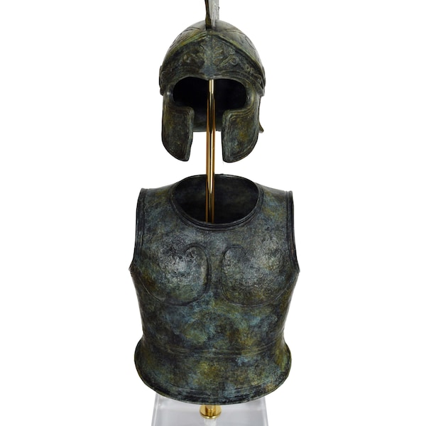 Ensemble de petite taille comprenant un casque grec ancien et une armure athénienne pour le thorax : soldat hoplite, bronze pur avec réplique en marbre