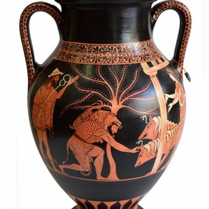 Hercules and Cerberus the Three-Headed Dog of Hades Guardian of the Underworld - Heracles and Kerberos Red Figure Amphora - Museum Replica