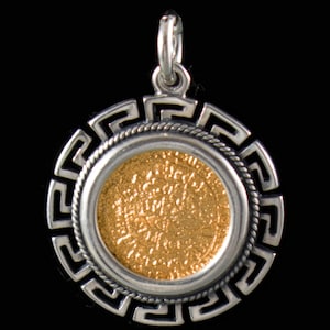Phaistos Disc Small Gold Plated Silver Pendant in Meander Frame-Minoan Bronze Age- Archaeological Museum of Heraklion-Crete-Ancient Greece