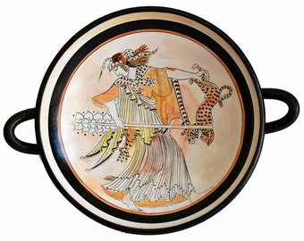 Maenad Holding a Thyrsus and Shaking a Leopard in the Air - Dionysus Follower - Ancient Greek Attic White Ground Kylix - Staatliche Museum