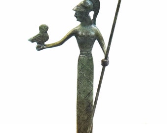 Behelmte Göttin Athena mit ihrer Eule und einem Speer-Bronze-Statue-Symbol der Weisheit,Handwerk,Kriegsführung & Strategie-antikes Griechenland
