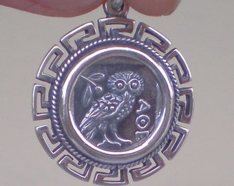 Owl Of Wisdom Coin Pendant with Meander Design Athena High Quality Item 